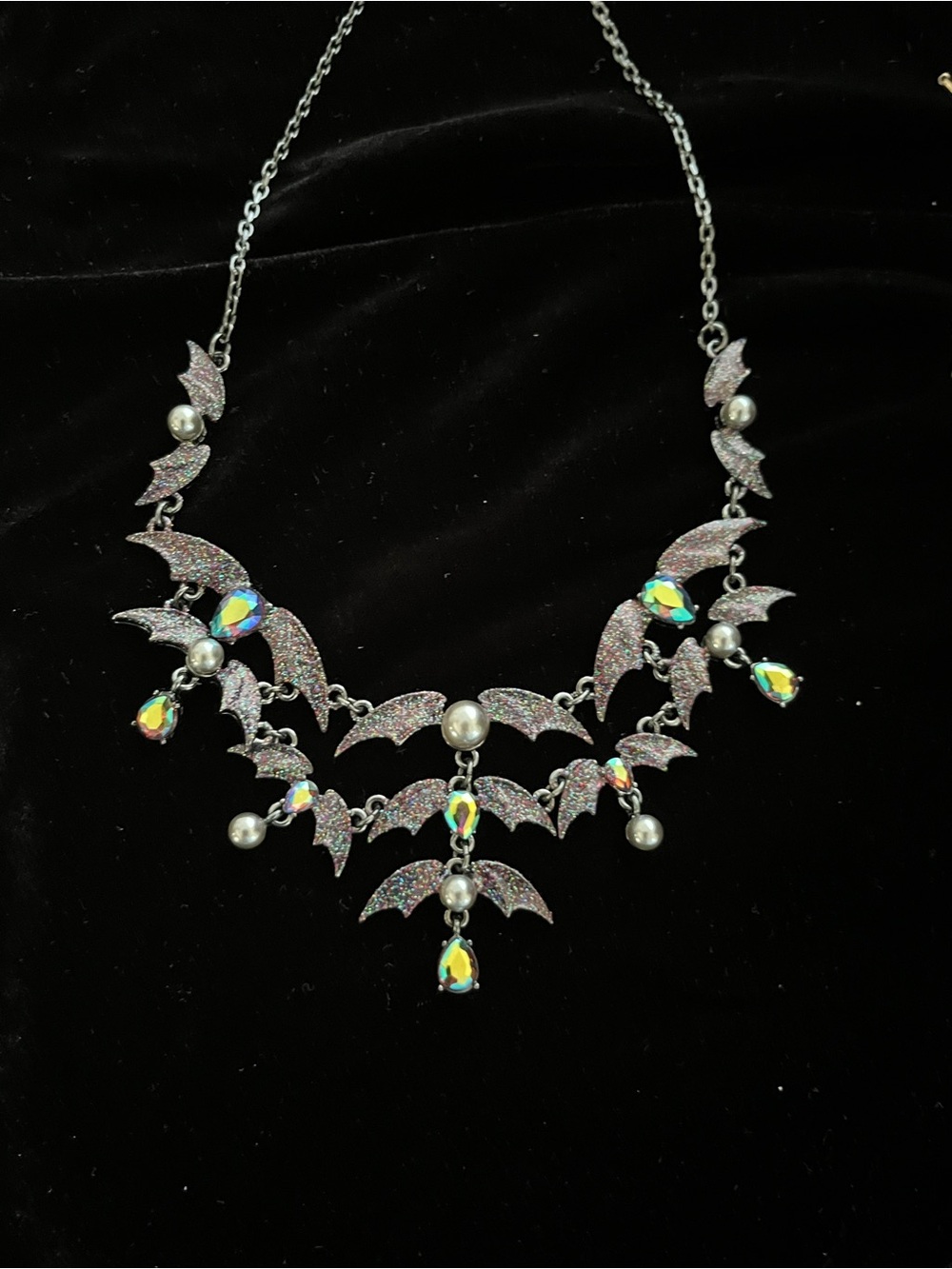 Betsey Johnson DARK MAGIC Bat Statement Necklace Glitter/Pearl/Crystals